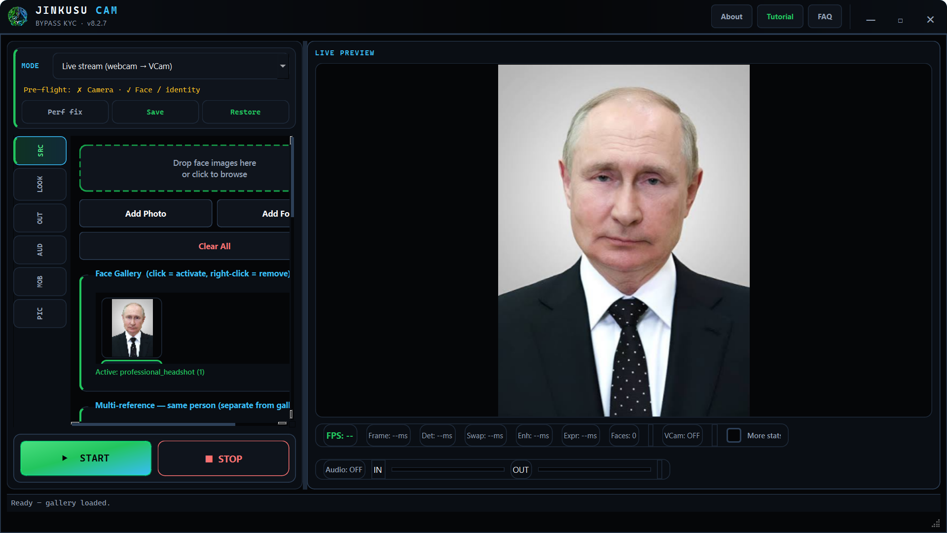JINKUSU CAM v8.2.7 — frameless shell, SOURCES tab, live preview